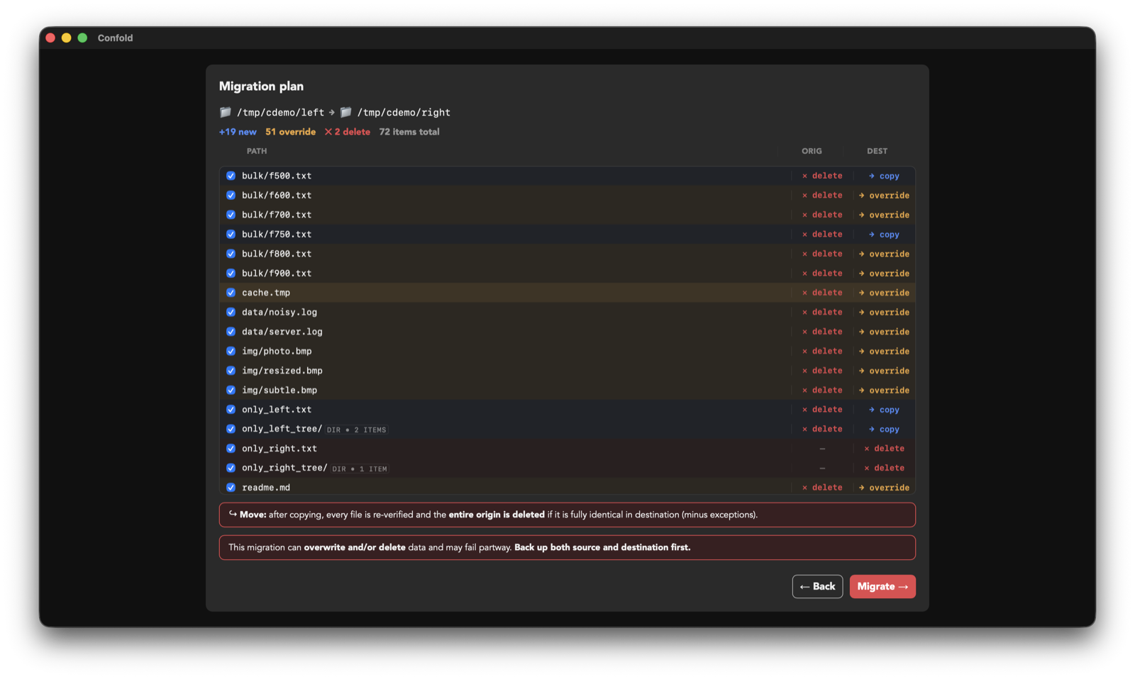 Migrate dry-run plan with per-item checkboxes