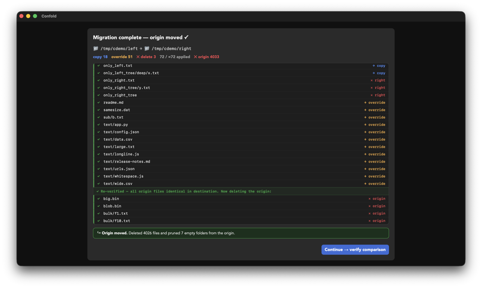 Verified move progress with re-verification divider