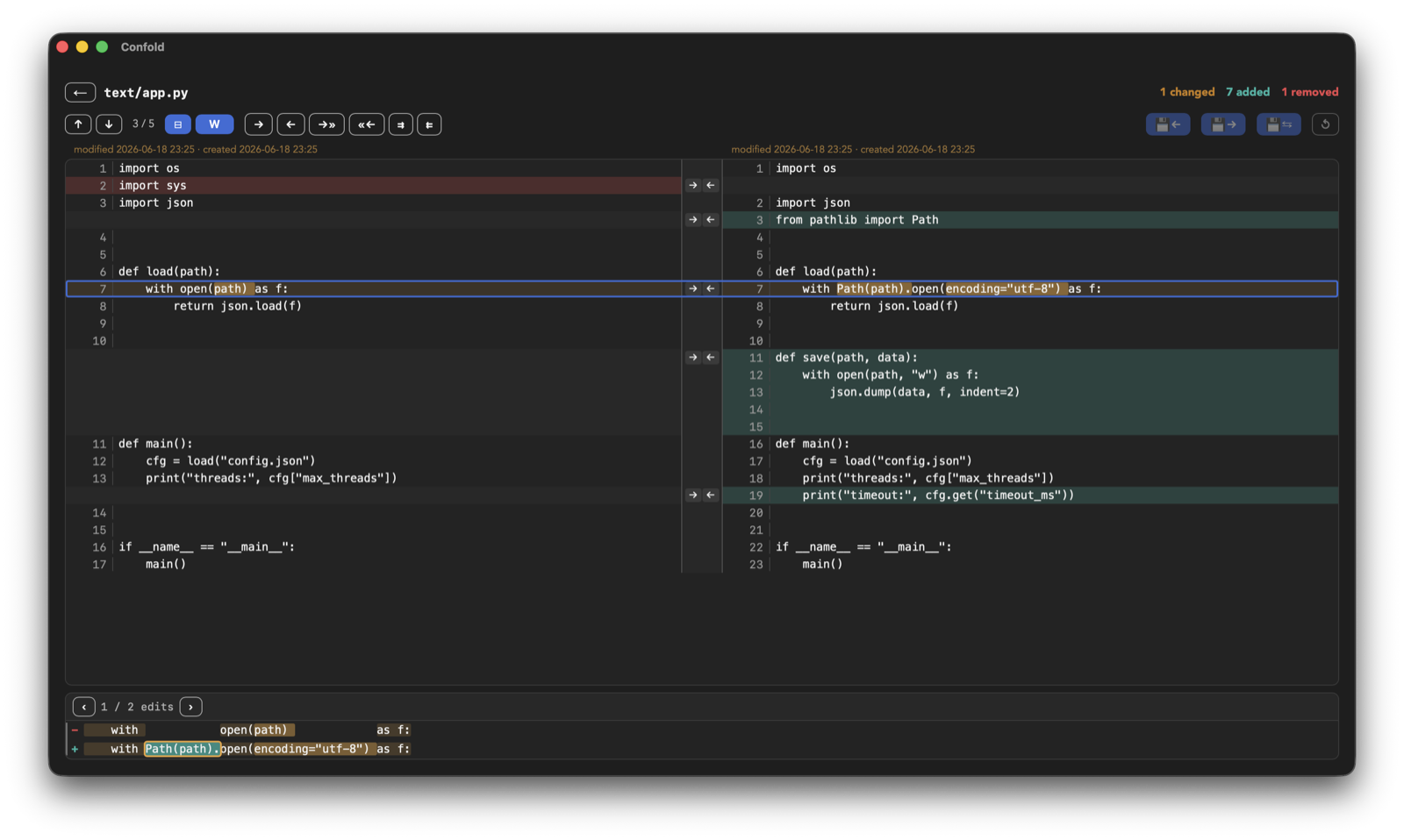 Side-by-side diff with word-level highlighting